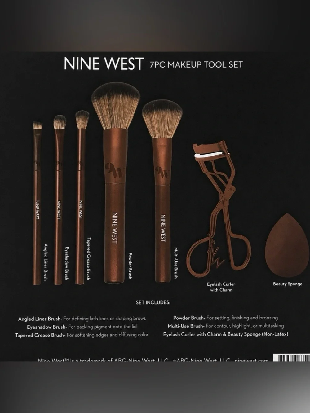 Nine West 7PC Makeup Tool Set Brushes Beauty Sponge Eyelash Curler New in Box
